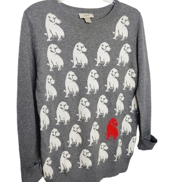 Loft Medium Crewneck Sweater Dogs Puppies Gray Knit Long Sleeve 100% Cotton EUC - Picture 4 of 14